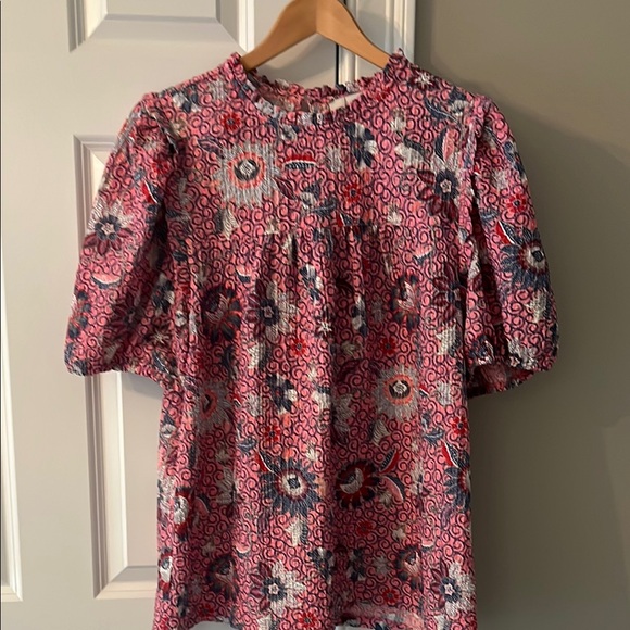 LOFT Tops - LOFT Pink and Red Puff Sleeve Blouse with Peter Pan Collar